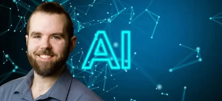 smiling person with AI written on the background