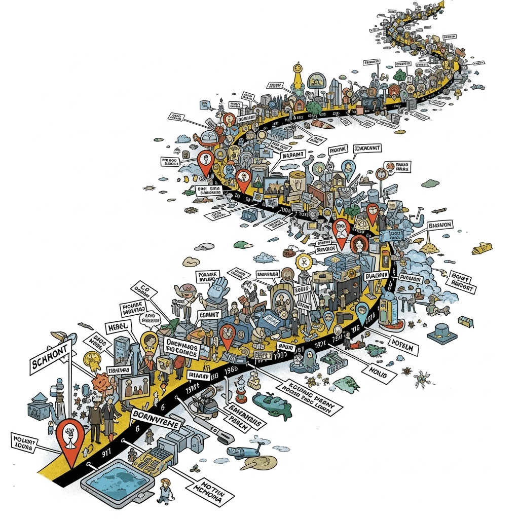 cluttered timeline filled with events both minor and significant. This timeline extends from the past, through the present, towards an unpredicted future. It can be seen bursting with various historic events, technological advancements, societal changes, and personal memories.